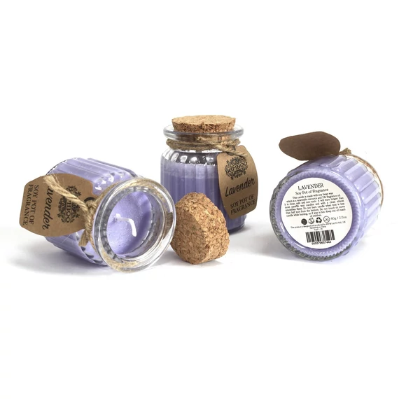 Levendulás szójagyertya üveg tégelyben parafadugóval, természetes kézműves illatgyertya